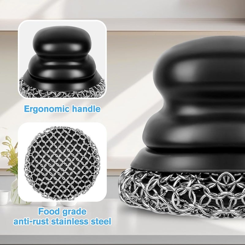 Onewly Cast Iron Scrubber (1Pack Black Coarse Mesh + 1Pack Black Fine Mesh) and and Scraper, Chain Mail Scrubber for Cleaning Stock Pots, Pans, Griddles, Grills, Cast Iron Skillets, Dish Scouring Pads - Image 3
